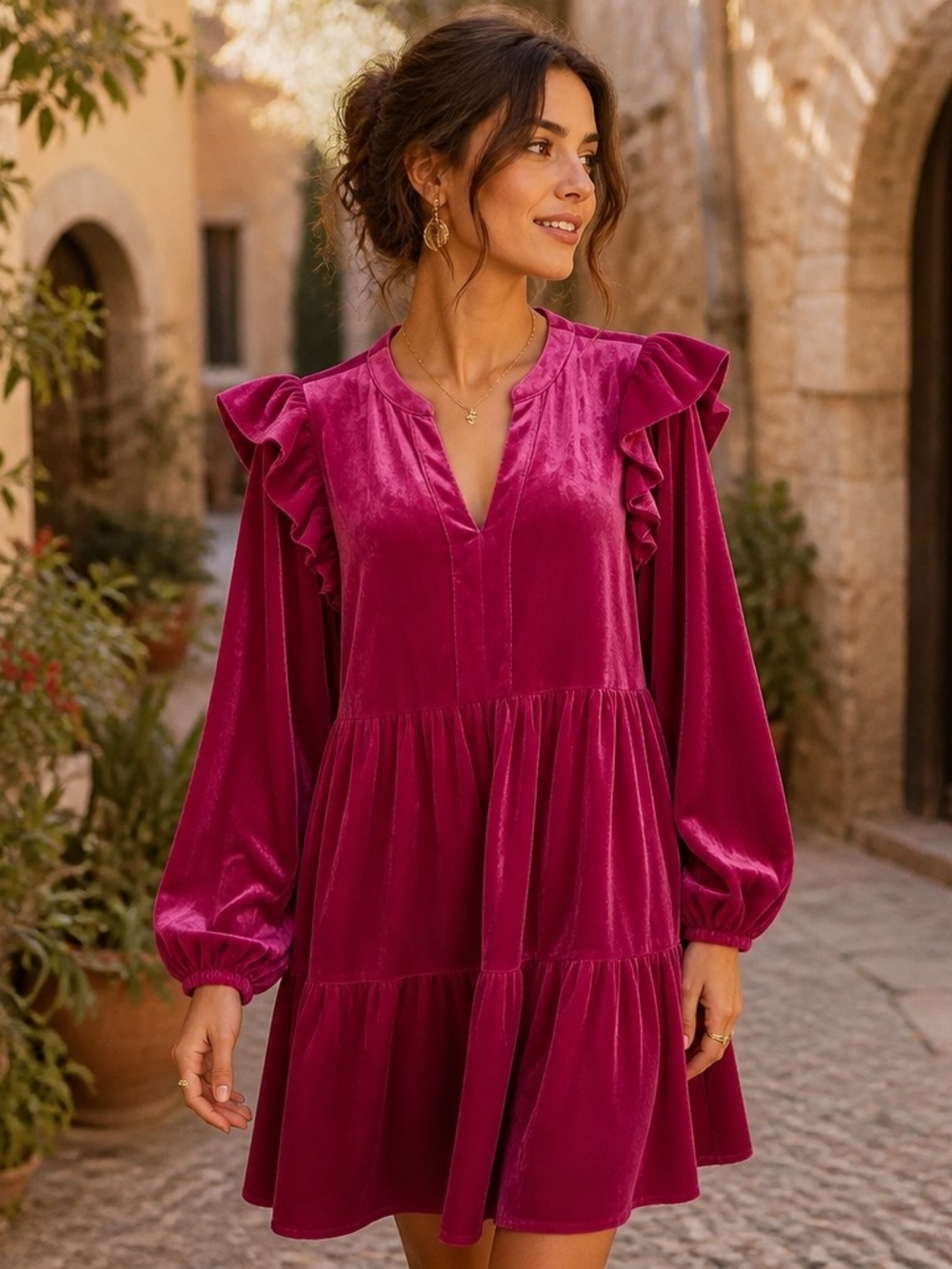 JODIFL Velvet Ruffle Tiered Mini Dress - Magenta